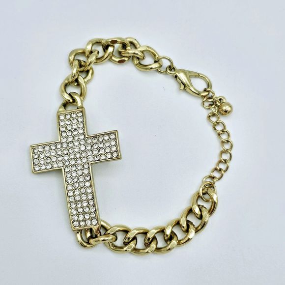 Pave Cross Bracelet Women Rhinestone Religious Gold Tone Crystal Links Jewelry - Picture 3 of 8